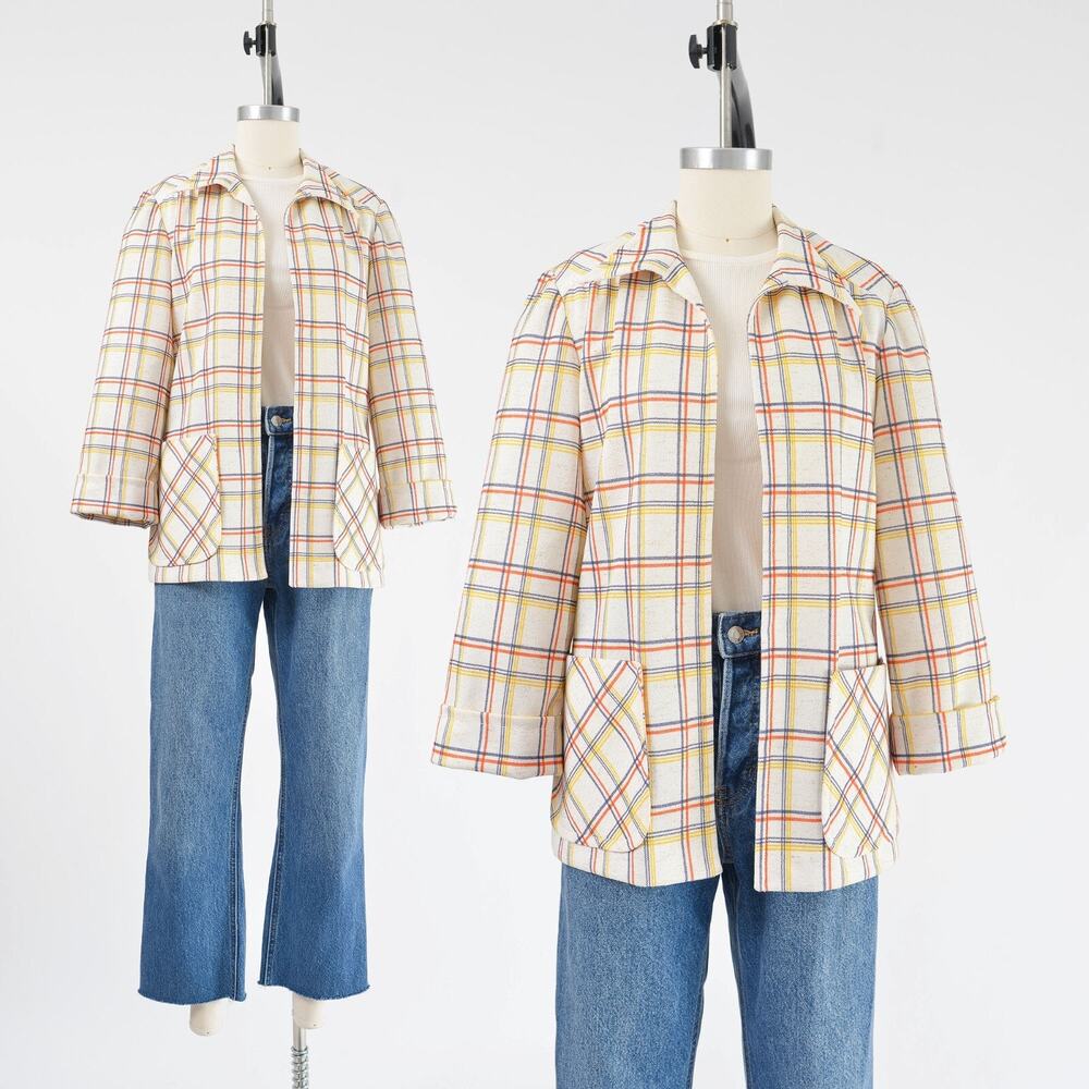 Vintage 70s White Plaid Retro Mod Open Front Jacket by Jeanne Durrell S M